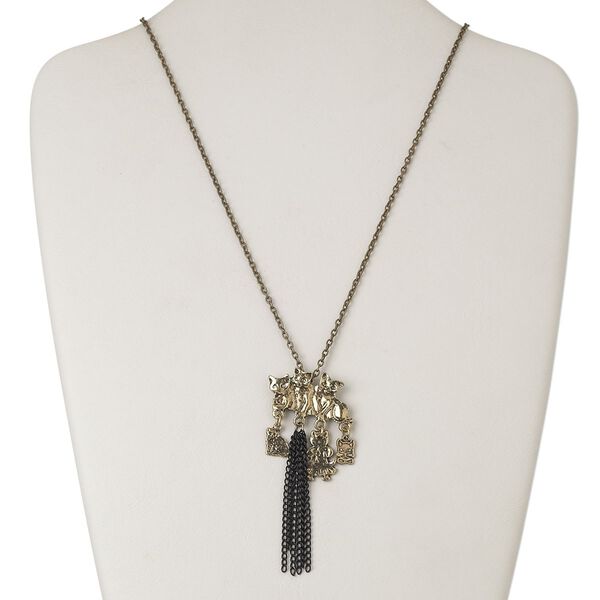 Necklace, antiqued brass-finished "pewter" (zinc-based alloy) and steel, black, 32x20mm cats, 32 inches with 2-1/4 inch dangle and lobster claw clasp. Sold individually. image number 0