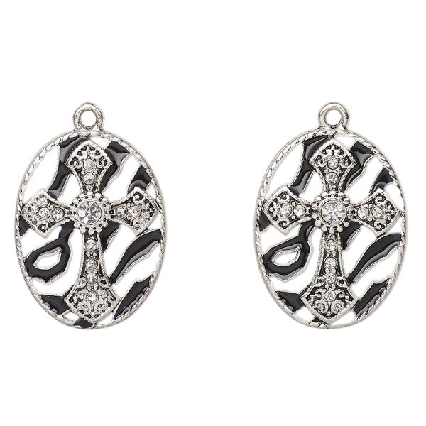Drop, antique silver-finished enamel "pewter" (zinc-based alloy) and glass, clear / white / black, 26x20mm oval with cross and beaded edge. Sold per pkg of 2. image number 0