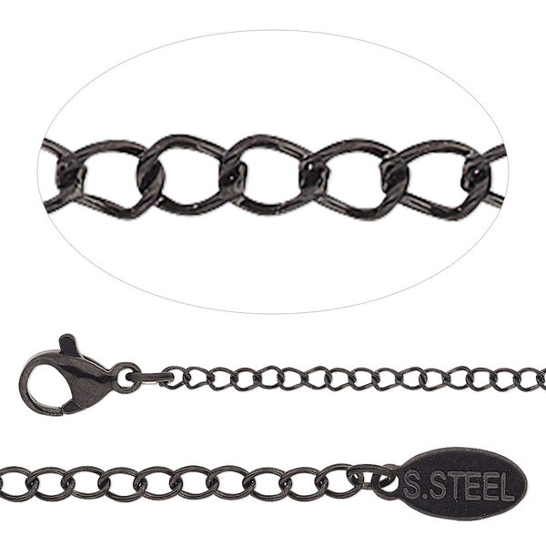 Chain, black-finished stainless steel, 1.9mm curb, 30 inches with 2-inch extender chain and lobster claw clasp. Sold individually. image number 0