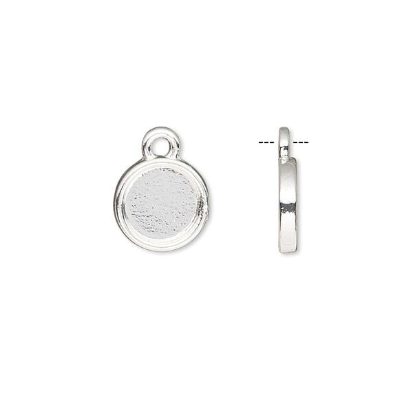 Drop, silver-finished brass, 10mm single-sided round with 8mm round setting. Sold per pkg of 10. image number 0