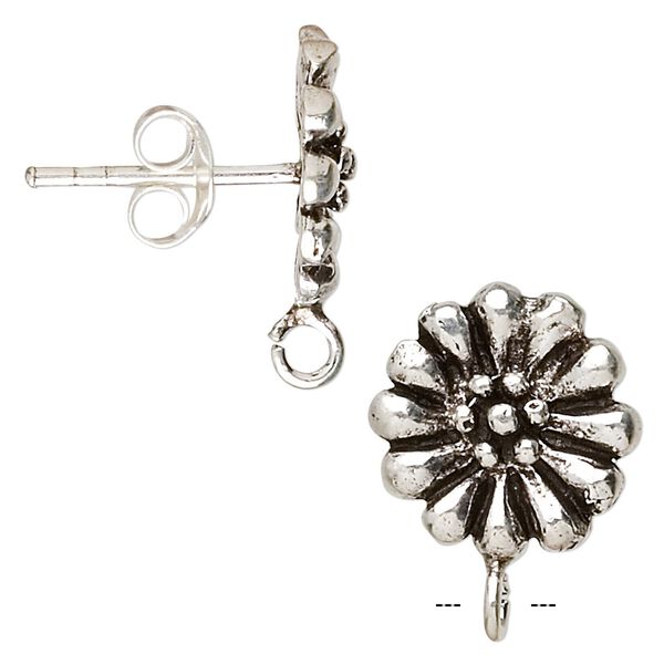 Earstud 1pkg2 sterling silver, 11mm flower / open loop, antiqued 1 pair image number 0