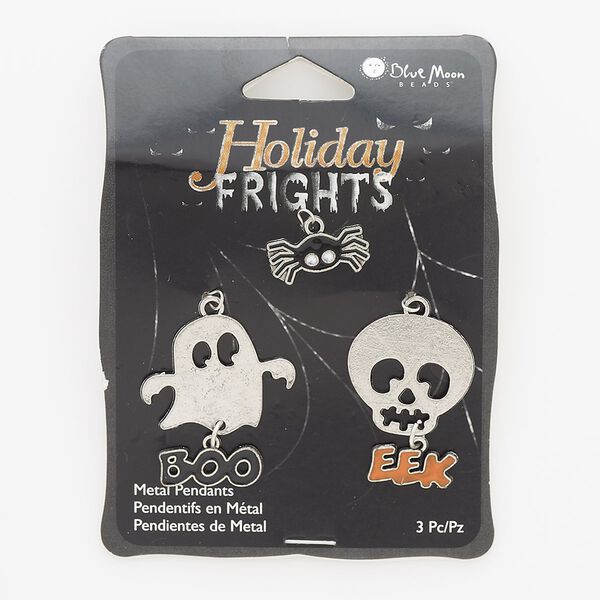 Focal and charm mix, enamel / silver-finished "pewter" (zinc-based alloy) / steel, black / orange / white, 18x8mm spider / 30x22mm skull with "EEK" / 31x27mm ghost with "BOO." Sold per pkg of 3. image number 0