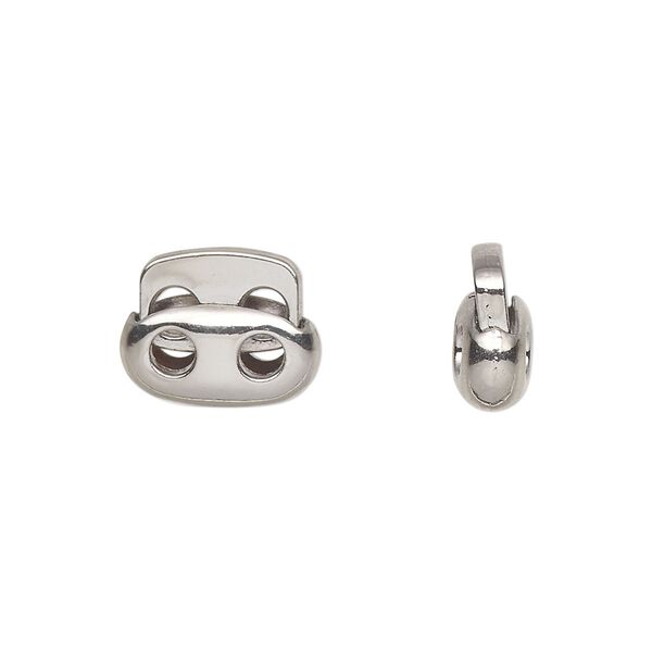 Cord lock, imitation rhodium-plated plated "pewter" (zinc-based alloy) and steel, 13.5x11mm flat oval with (2) holes. Sold per pkg of 6. image number 0