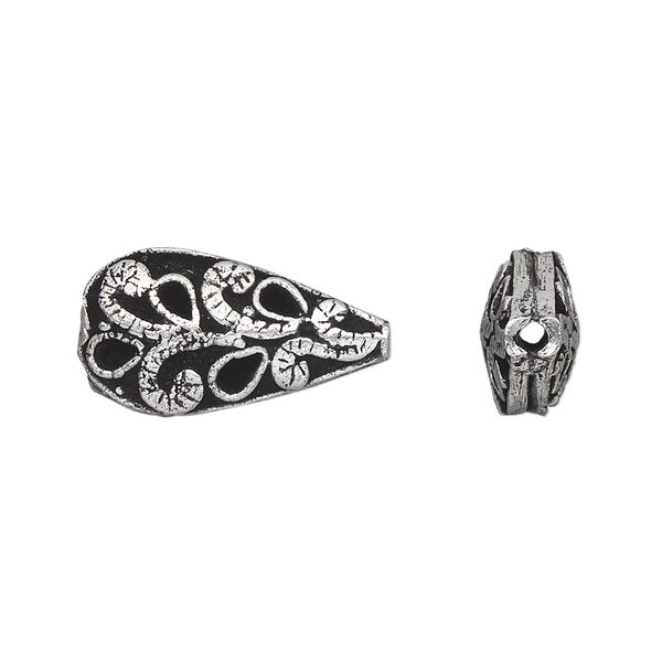 Bead, antique silver-plated brass, 21x11mm puffed teardrop with swirls and teardrops. Sold individually. image number 0