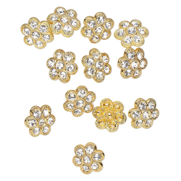 Button, gold-finished brass and Czech glass, clear, 15x7mm flower. Sold per pkg of 12. image number 0