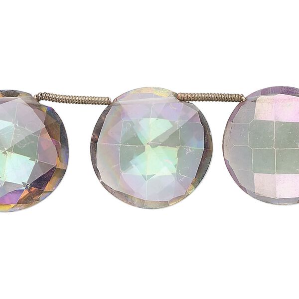 Quartz crystal 1pkg11, rainbow hand-cut top-drilled faceted puffed flat round bead 15-18mm image number 0