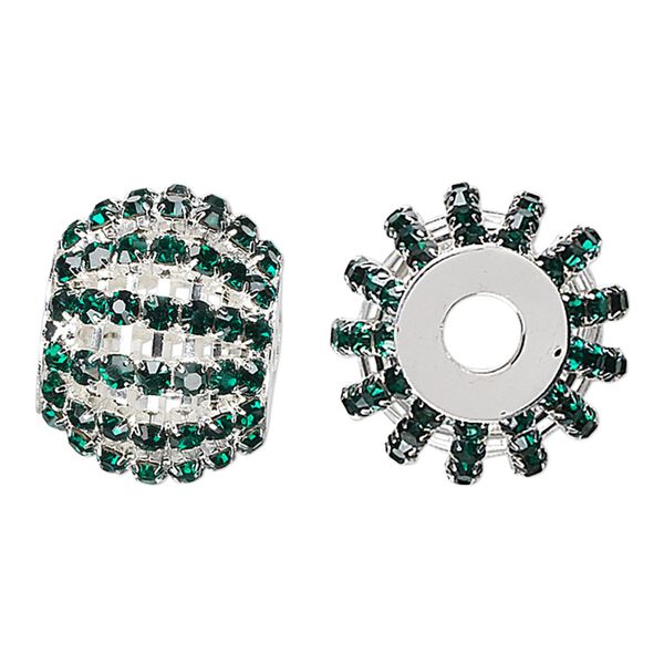 Bead, glass rhinestone and silver-finished brass, emerald green, 25x20mm barrel with 3mm chatons, 6.5mm hole. Sold individually. image number 0