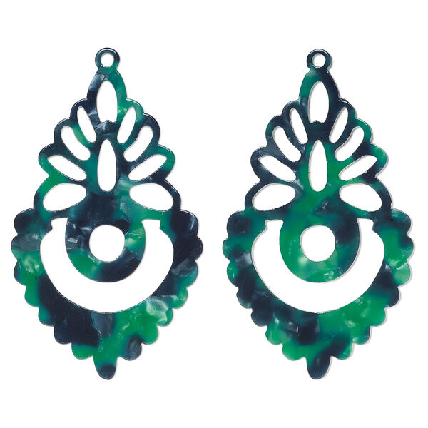 Focal, resin, green and dark green, 50x31mm fancy teardrop. Sold per pkg of 2. image number 0