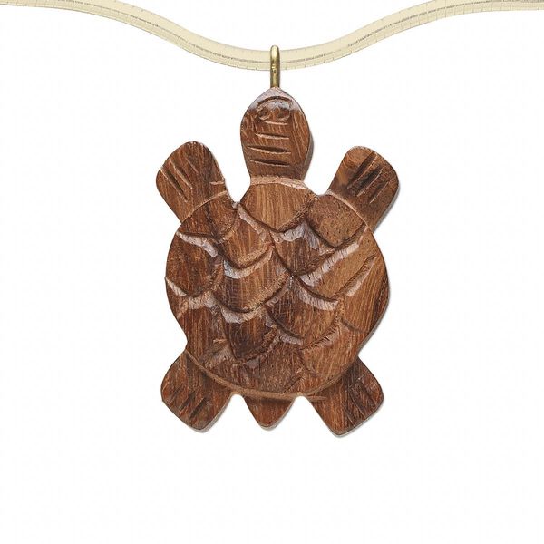 Focal, wood (natural) and brass, brown, 42x28mm single-sided carved turtle. Sold per pkg of 6. image number 0