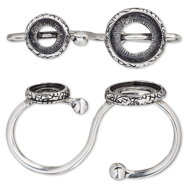 Ring, antique silver-plated "pewter" (zinc-based alloy), 14mm wide textured double band with 8mm and 12mm round settings, sizes 7 and 8. Sold individually. image number 0