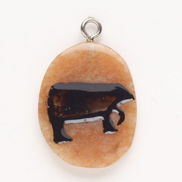 Focal, steel/red aventurine (natural)/enamel, pkg/1, silver finish and black, 30x24mm-39x27mm single-sided puffed freeform with bear, B grade. image number 0