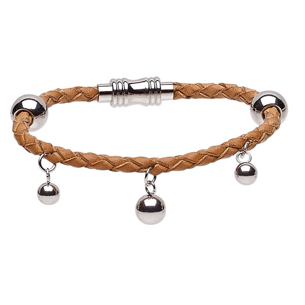 Bracelet, leather (dyed) and stainless steel, natural, 10mm wide with 4mm bolo cord, 7 inches with magnetic clasp. Sold individually. image number 0