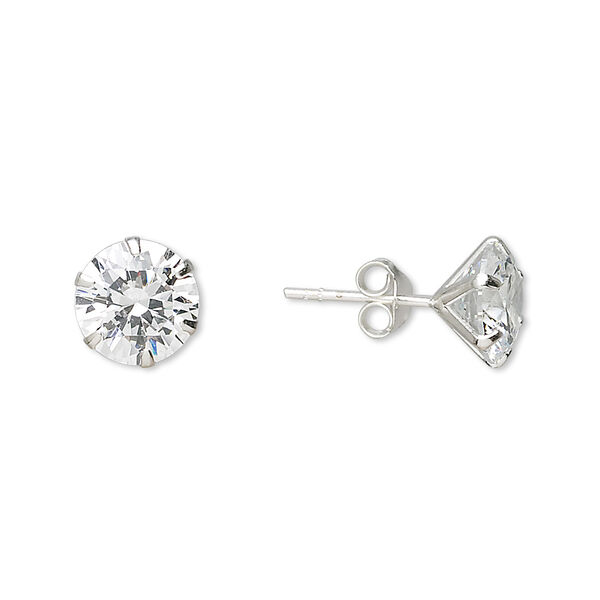 Earstud, sterling silver and cubic zirconia, clear, 9mm faceted round with post. Sold per pair. image number 0