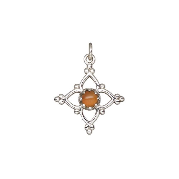 Carnelian / sterling silver 1pkg1, open beaded diamond drop antiqued 17x17mm image number 0