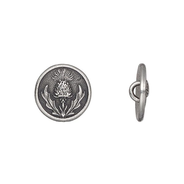 Button, TierraCast®, pewter (tin-based alloy), 14.5mm round with thistle design and hidden closed loop. Sold per pkg of 2. image number 0