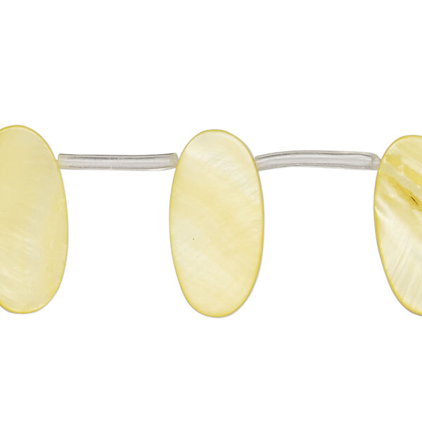 Bead, mother-of-pearl shell (dyed), yellow, 19x6mm-20x10mm top-drilled flat oval, Mohs hardness 3-1/2. Sold per 13-inch strand, approximately 20 beads. image number 0