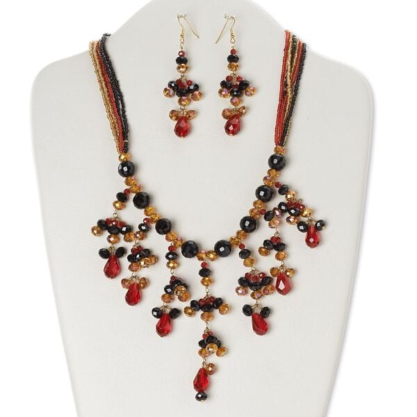 Necklace and earring set, 6-strand, glass with gold-finished brass and steel, red / black / honey AB, 20 inches with hook-and-eye clasp, 3-inch earrings with fishhook ear wire. Sold per set. image number 0