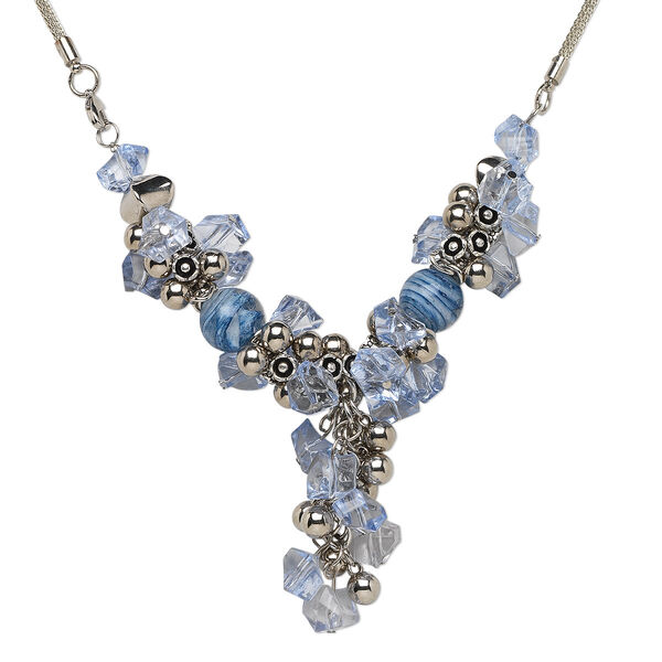 Necklace, acrylic / lampworked glass / silver-plated brass / steel / silver-coated plastic, blue, 2-inch dangle, 22 inches with lobster claw clasp. Sold individually. image number 0