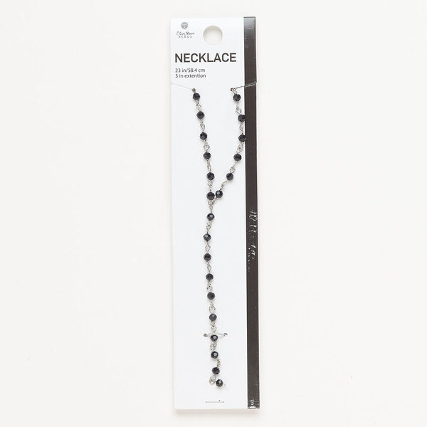 Necklace, silver-finished steel and glass, black, 4mm faceted round, 23-inch lariat with lobster claw clasp and 3-inch extender chain. image number 0