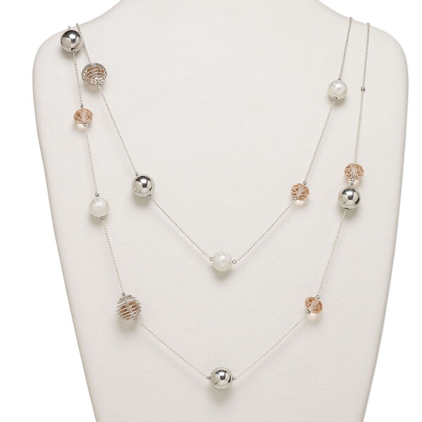 Necklace, imitation rhodium-finished brass and steel with glass, pink, 14mm round, 56-inch continuous loop. Sold individually. image number 0