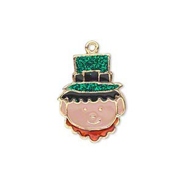 Charm, gold-finished "pewter" (zinc-based alloy) and enamel, green / black / brown / peach, 22x16mm single-sided leprechaun face with glitter hat. Sold per pkg of 2. image number 0