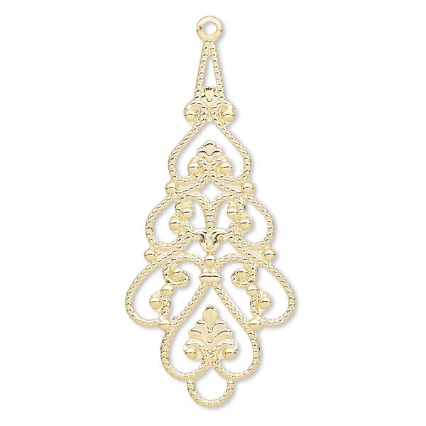 Focal, gold-plated brass, 38x18mm filigree teardrop. Sold per pkg of 10. image number 0