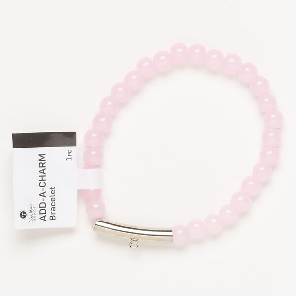 Bracelet, stretch, silver-finished brass and glass, pink, 6mm round and 25x5m round tube with bottom loop, 6-1/2 inches. Sold individually. image number 0
