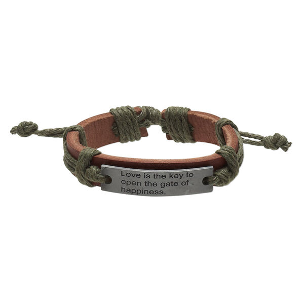 Bracelet, leather (dyed) / waxed cotton cord / antiqued "pewter" (zinc-based alloy), brown and green, 12mm wide with 41x10mm rectangle with "Love is the key to open the gate of happiness," adjustable from 5-1/2 to 8 inches with wrapped knot closure. Sold per pkg of 2. image number 0