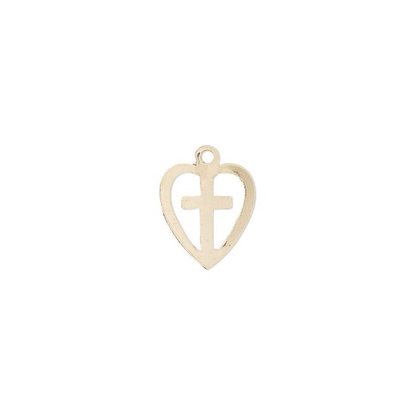 Drop, 14Kt gold-filled, 11x10mm heart with cutout cross. Sold individually. image number 0