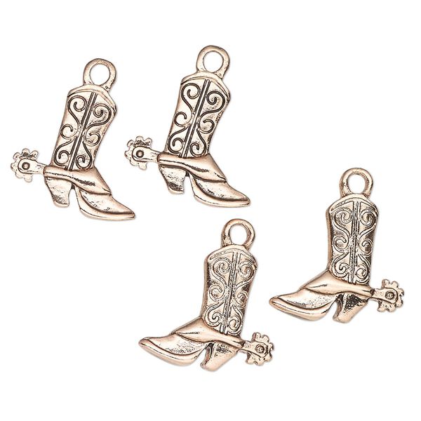 Charm, antique gold-finished "pewter" (zinc-based alloy), 14mm cowboy boot. Sold per pkg of 4. image number 0