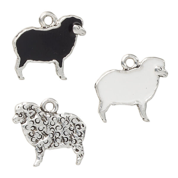 Charm, enamel and antique silver-plated pewter (tin-based alloy), white and black, 18x16mm two-sided sheep. Sold per 2-piece set. image number 0