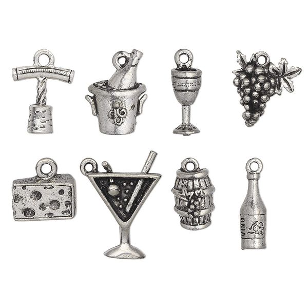 Charm set, antiqued pewter (tin-based alloy), 14x5mm-20.5x15.5mm wine theme. Sold per 8-piece set. image number 0