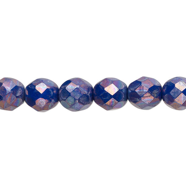 Bead, Czech fire-polished glass, opaque dark blue nebula, 8mm faceted round. Sold per 15-1/2" to 16" strand. image number 0