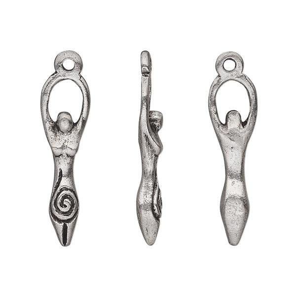 Charm, pewter (tin-based alloy), pkg/1, antiqued, 26x7mm goddess with spiral. image number 0
