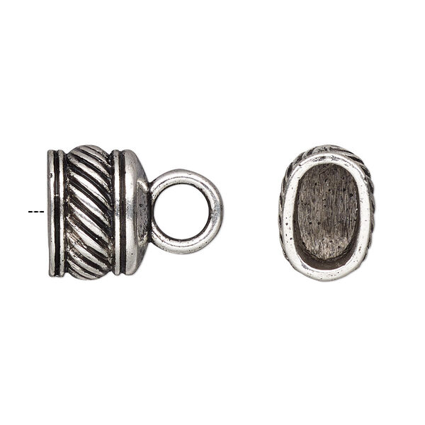 Cord end, glue-in, antique silver-finished "pewter" (zinc-based alloy), 14x10.5x10mm lined oval, 10.5x6mm inside diameter. Sold per pkg of 4. image number 0
