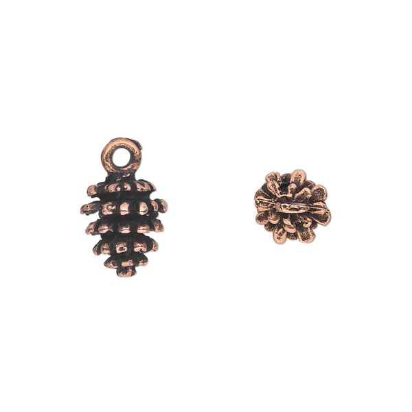 Charm, pewter (tin-based alloy), pkg/1, antique copper plate, 10.5x9mm double-sided fir cone. image number 0