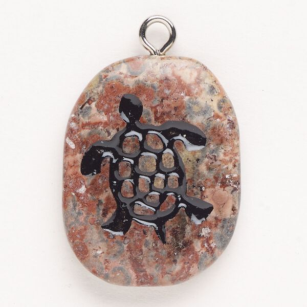 Focal, steel/leopardskin jasper (natural)/enamel, pkg/1, silver finish and black, 33x26mm single-sided puffed freeform with turtle, B- grade. image number 0