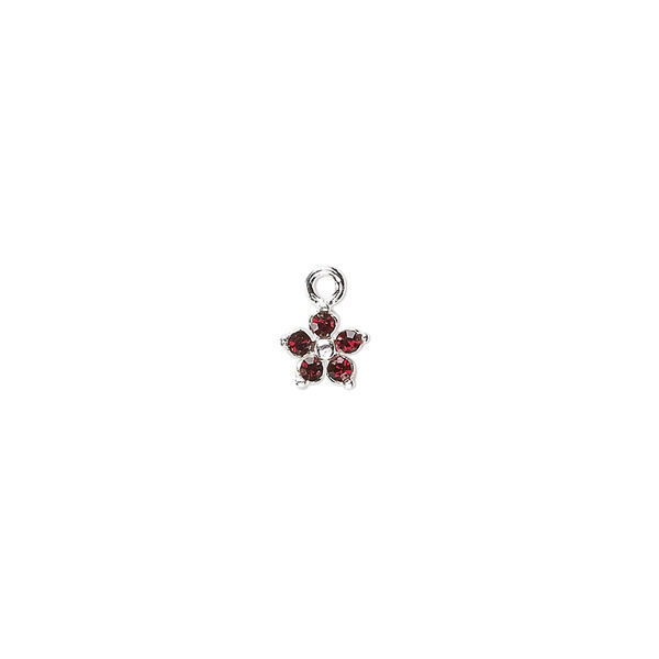 Charm, crystals and sterling silver, Siam, 6mm single-sided flower. Sold per pkg of 2. image number 0