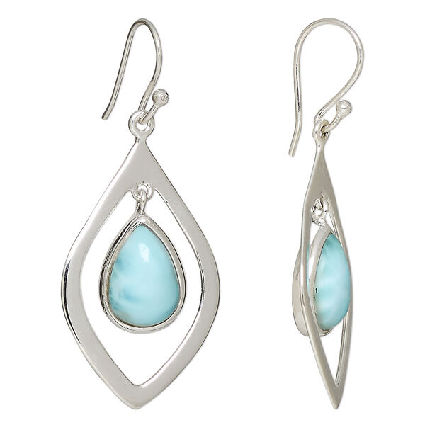Earring, larimar (natural) and sterling silver, 47.5mm with 12x8mm teardrop and fishhook ear wire, 21 gauge. Sold per pair. image number 0