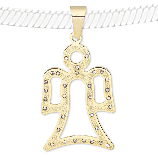 Pendant, glass rhinestone and gold-finished stainless steel, clear, 39x24mm open angel. Sold individually. image number 0