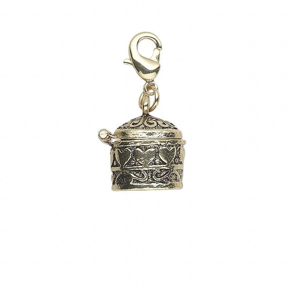 Drop, antique gold-finished "pewter" (zinc-based alloy), 14x13mm cylinder prayer box with heart design and magnetic closure with lobster claw clasp. Sold individually. image number 0