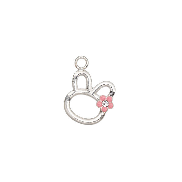Charm, enamel / glass rhinestone / sterling silver, clear and pink, 12x11mm single-sided open bunny head with flower. Sold individually. image number 0