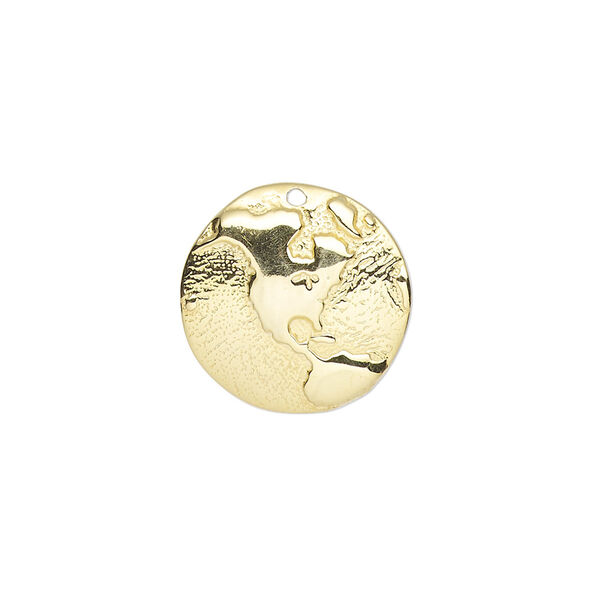 Charm, gold-finished sterling silver, 17mm single-sided slightly domed round with embossed western hemisphere. Sold individually. image number 0