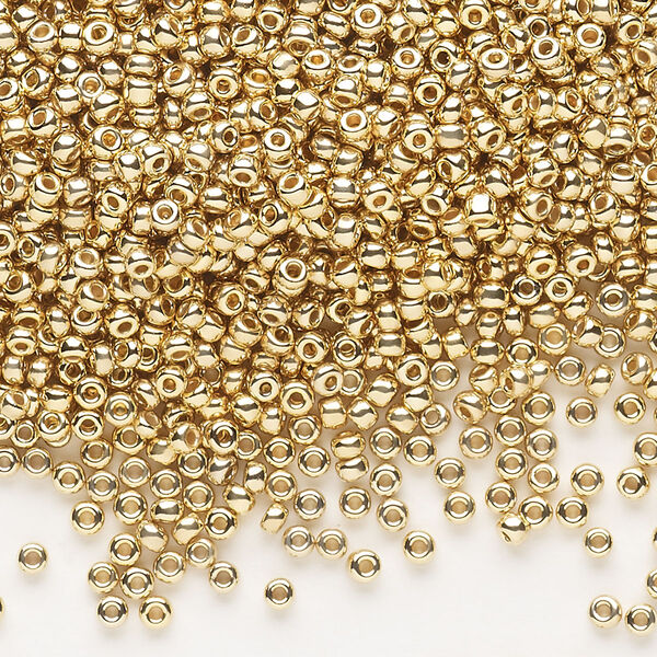 Seed bead, Dyna-Mites™, glass, pkg/1/2kg, #11 round, opaque 24Kt gold-plated, (570 11/0 RR). image number 0