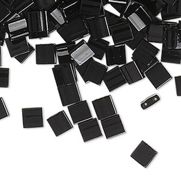Bead, Miyuki, TILA®, glass, opaque black, (TL401), 5mm square with (2) 0.8mm holes, fits up to 3mm beads. Sold per 40-gram pkg. image number 0