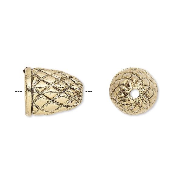 Cone, antique gold-plated pewter (tin-based alloy), 14x12mm with thatched design, 9mm inside diameter. Sold individually. image number 0