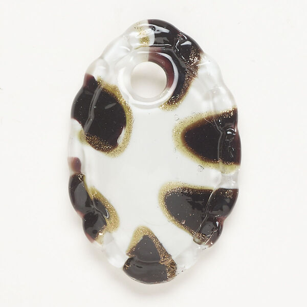 Focal, lampworked glass, opaque black and white with copper-colored glitter, 52x34mm domed fancy oval. Sold individually. image number 0