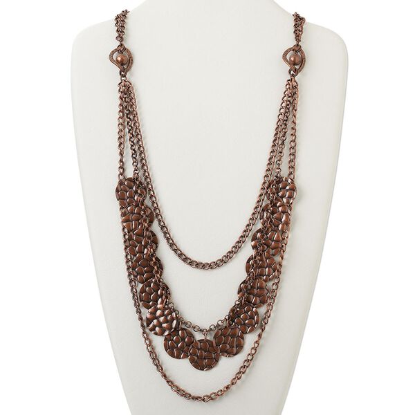 Necklace, 4-strand, antiqued copper-finished brass and steel, 24mm hammered flat round, 30 inches with 3-inch extender chain and lobster claw clasp. Sold individually. image number 0