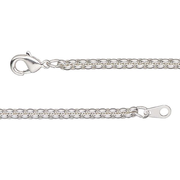 Chain, silver-plated brass, 3mm tight rolo, 16 inches with lobster claw clasp. Sold individually. image number 0