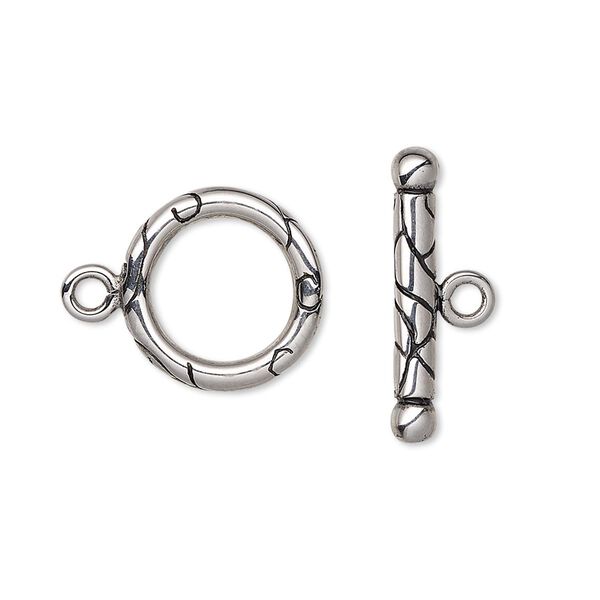 Clasp, toggle, enamel and stainless steel, black, 15mm round with lines. Sold per pkg of 10. image number 0